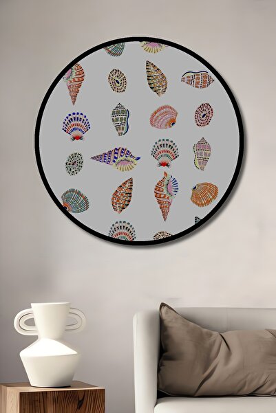 Teona Ahşap Tablou decorativ cu cadru rotund din lemn cu aspect de modele colorate de scoici de mare