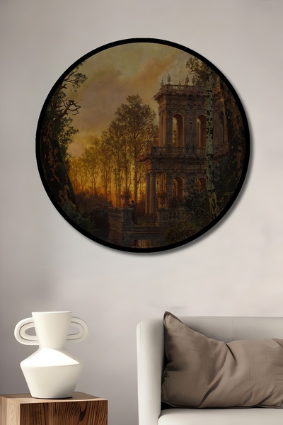 Teona Ahşap Tablou decorativ cu cadru rotund din lemn, aspectul ruinilor pala...