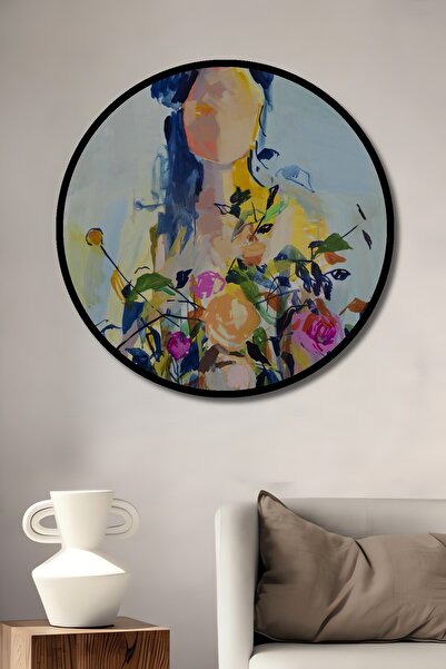 Teona Ahşap Tablou decorativ cu cadru rotund din lemn, aspect feminin, cu flori colorate