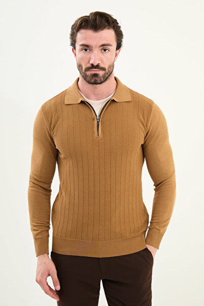 Mcr Patterned Slim Fit Polo Neck Zippered Wool Men's Knitwear Sweater Camel - 11570.25K