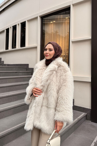 LOCCO Women's Belt Detailed Fur Coat Stone