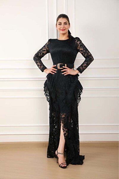 Opera Fashion فستان سهرة طويل دانتيل درابية ماسك على الجسم باكمام شفافة