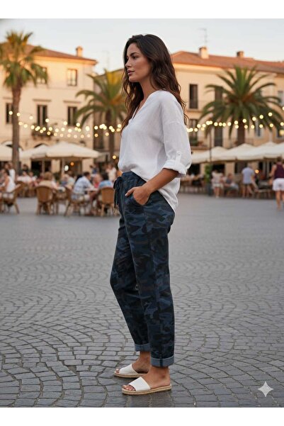 Punta Otantik Ls7312 Camouflage Patterned Lycra Italian Cotton Trousers Navy Blue