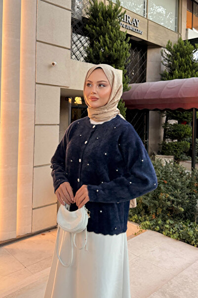 LOCCO Kadın Taşlı Çiçek Düğmeli Hırka Lacivert