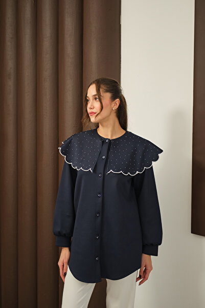 LOCCO Kadın Yakası Taşlı Tunik Lacivert