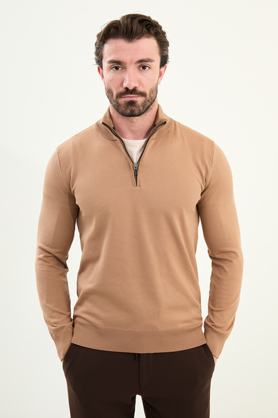 Mcr Plain Slim Fit Zippered Half Fisherman Men's Knitwear Sweater Caramel - 11561.25K