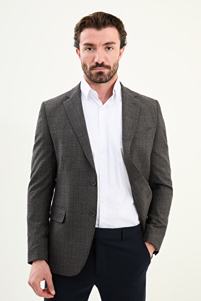 Mcr Plaid Slim Fit Mono Collar Men's Jacket Brown - 41474.25K