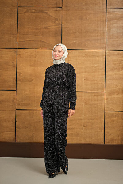 LOCCO Kadın Taşlı Bel Bağlamalı Takım Siyah