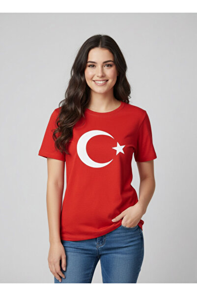 secret touch Kız-Erkek Büyük Boy Ay Yıldızlı Türk bayraklı Kısa Kol t-shirt