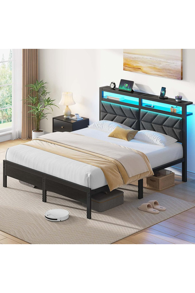 Yanara 120cm wide LED Storage Bed Frame with Charging Station, Upholstered Headboard