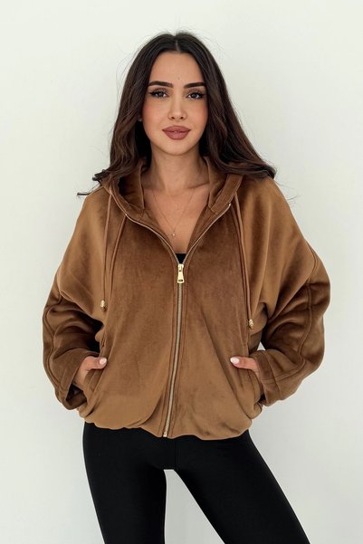 AsprinFashion معطف بغطاء للرأس من قماش الفرو باللون البني