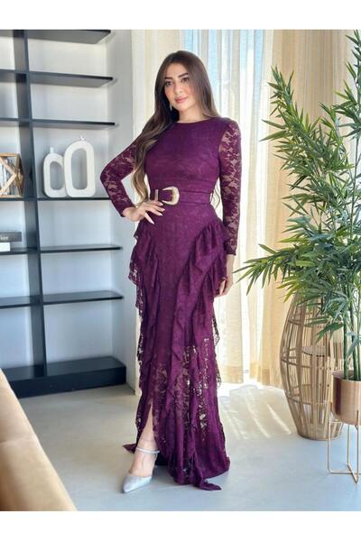 Opera Fashion فستان سهرة طويل دانتيل درابية ماسك على الجسم باكمام شفافة