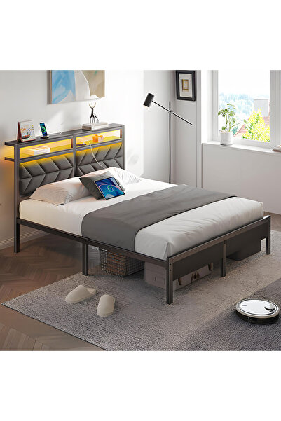 Yanara إطار سرير تخزين LED بعرض 160 سم مع محطة شحن ولوح رأس مبطن