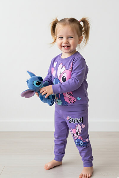 zubi kids wear Mor Renk Lisanslı Stitch ve Angel Baskılı Çocuk Eşofman Takımı (3-6 Yaş)