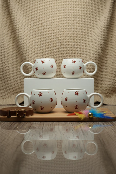 Red Paw Embossed 4-Piece Handmade Ece Mug Set – Coffee & Tea Cup Mug