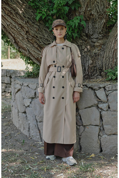 Fatma Atasoy Apoletli Sütlü Kahve Oversize Trençkot