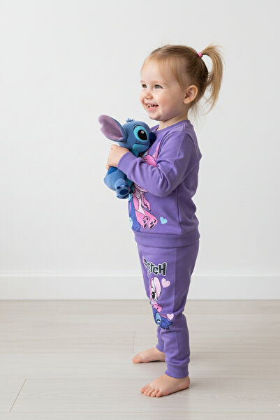 zubi kids wear Mor Renk Lisanslı Stitch ve Angel Baskılı Çocuk Eşofman Takımı (3-6 Yaş)