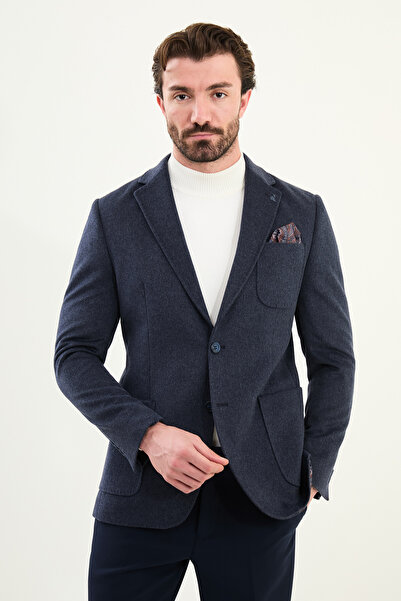 Mcr Plain Slim Fit Wool Men's Jacket with Pocket Detail and Handkerchief Detail in Light Navy Blue - 44316.25K