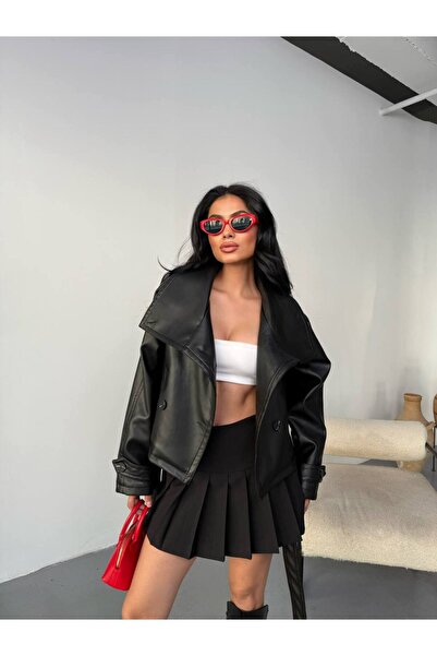 Friday Mood Kadın Kuşak Detaylı Dik Yaka Deri Trençkot