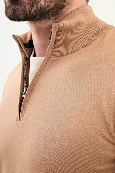 Mcr Plain Slim Fit Zippered Half Fisherman Men's Knitwear Sweater Caramel - 11561.25K