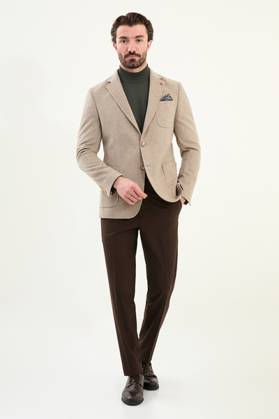 Mcr Plain Slim Fit Wool Men's Jacket with Pocket Detail and Handkerchief Detail Beige - 44316.25K