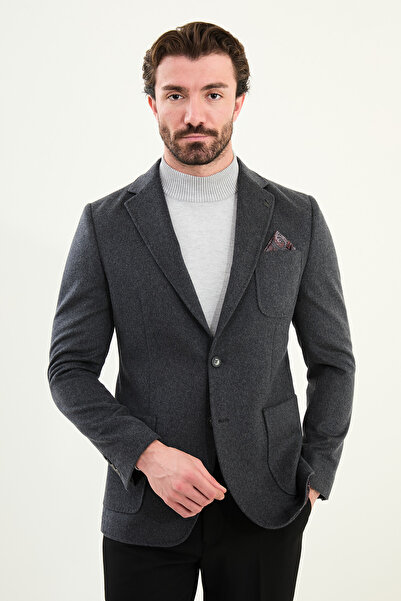 Mcr Plain Slim Fit Wool Men's Jacket with Pocket Detail and Handkerchief Detail Anthracite - 44316.25K