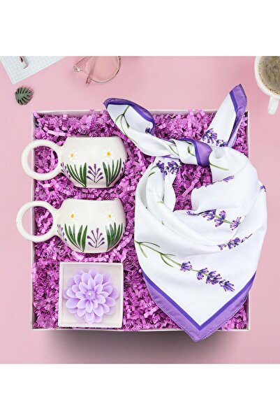 Trendmiya Lavanta Fular & 2'li El Yapımı Kupa & Lotus Mum Hediye Seti