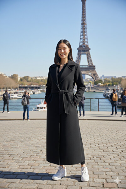 LİMABEL Niss Black Coat with Belted Pockets Knee-Length Long Cashmere Winter Women's Coat-4