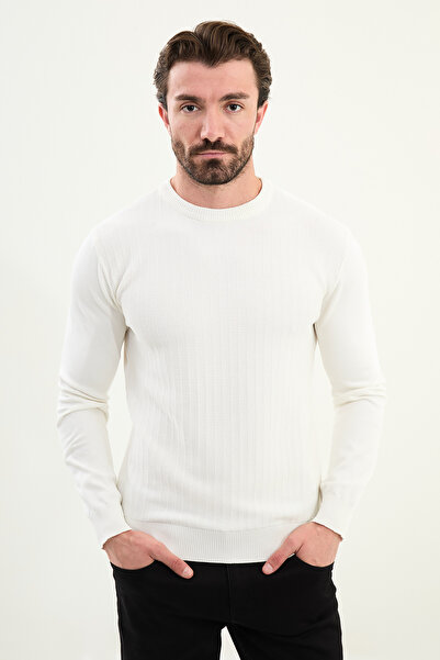 Mcr Patterned Slim Fit Crew Neck Men's Knitwear Sweater Ecru - 11575.25K