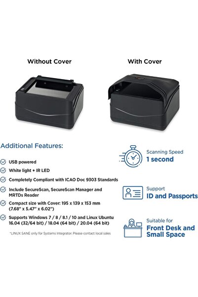 Plustek X Mini Passport Scanner, Compatible with ICAO Doc 9303 Standard with Fast Recognition Speed