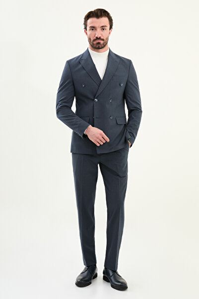 Mcr Düz Slim Fit Geniş Yaka Kruvaze Erkek Takım Elbise İndigo - 45420.25K