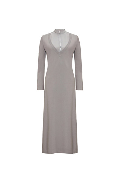 MISS DALIDA Fermuarlı Yaka Triko Gri Elbise