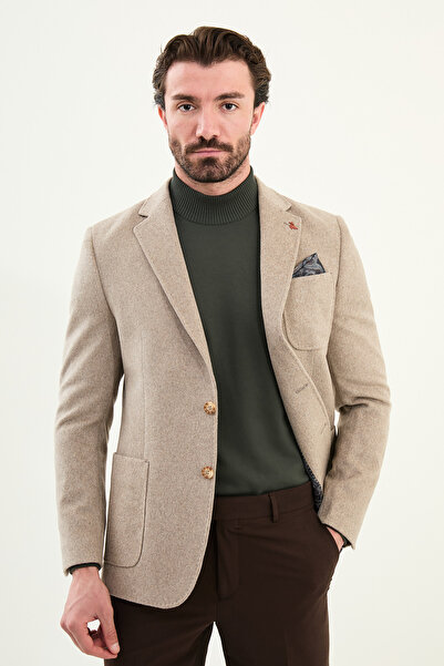 Mcr Plain Slim Fit Wool Men's Jacket with Pocket Detail and Handkerchief Detail Beige - 44316.25K