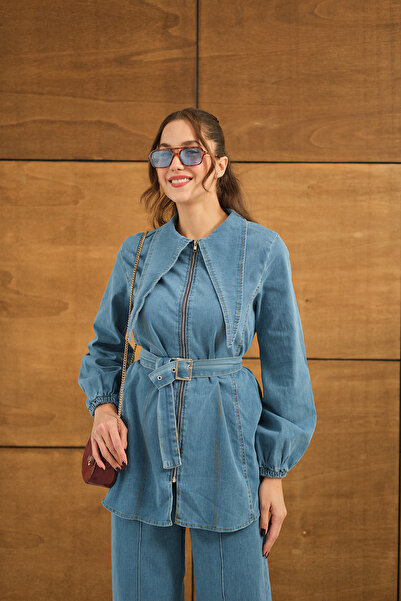 LOCCO Set de blugi pentru femei cu detaliu de cusut, albastru deschis