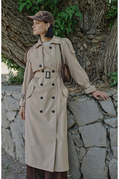 Fatma Atasoy Apoletli Sütlü Kahve Oversize Trençkot