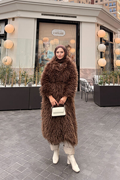 LOCCO Women's Furry Plush Coat Brown