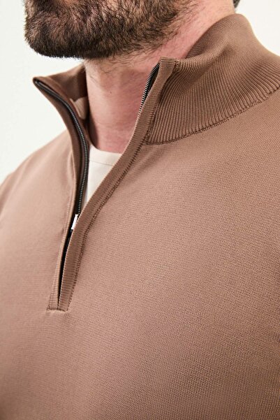 Mcr Plain Slim Fit Zippered Half Fisherman Men's Knitwear Sweater Milk Coffee - 11561.25K