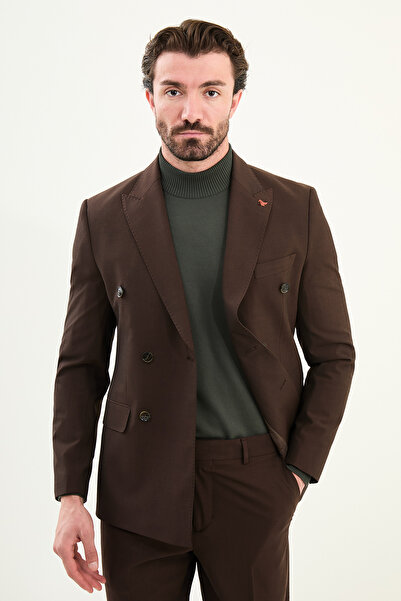 Mcr Straight Slim Fit Wide Collar Double Breasted Men's Suit Dark Brown - 45420.25K