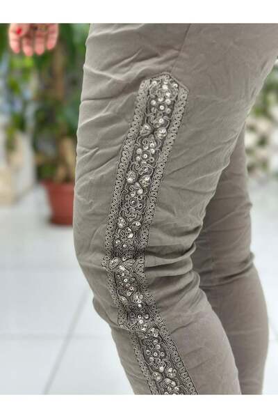 Punta Otantik YG60008 Ιταλικό παντελόνι από βαμβάκι με παγιέτες βιζόν