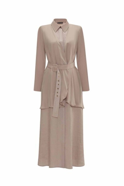 MISS DALIDA T25Y-4074 Cupro Yaka Detaylı Keten Elbise STONE