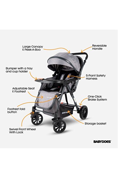 Babydoes MALTOZ - Baby Stroller, Five-Point Harness, Reversible Handle, 0-4 Y (Up to 20 kg) - Grey