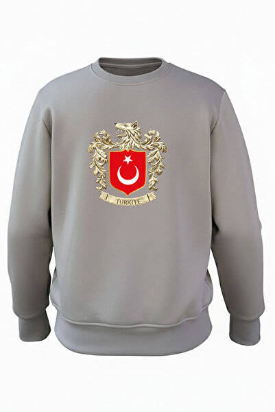 WİDİ Φούτερ από 100% βαμβάκι με στάμπα με λύκο, σύμβολο της Τουρκίας και της τουρκικής σημαίας, κανονική εφαρμογή, 3 κλωστές, ανοιχτόχρωμο