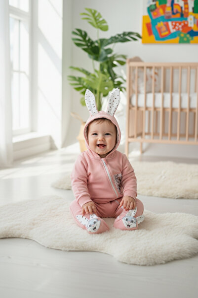zubi baby & kids wear بدلة أطفال وردية اللون مطبوعة عليها أرنب مع غطاء للرأس ...