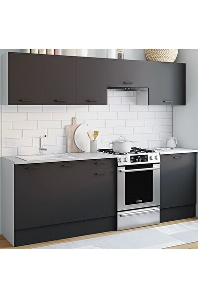 Tdesigno Vena Hazır Mutfak Dolabı240 Cm -Beyaz Laminat Tezgah Dahil-Antrasit-Mat
