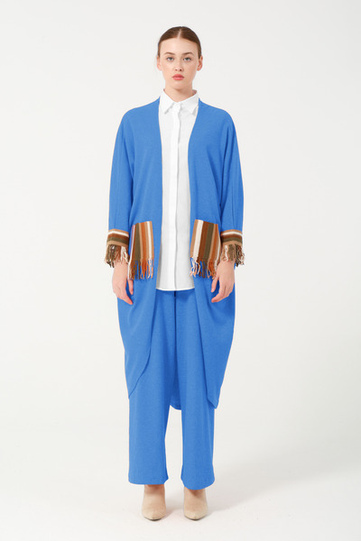 Hatun Atila Hatunatila Hera Fabric Oversized Cardigan Set with Pocket and Sleeve Detail 5005 Blue