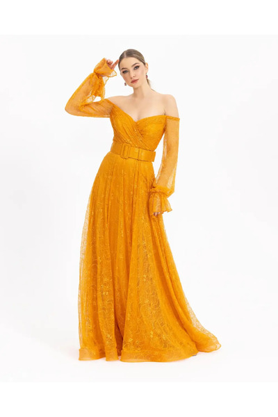 Donatella Belted Lace Evening Dress