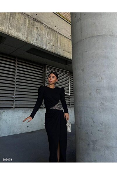 Modafeminen Μακρύ βραδινό φόρεμα Princess Sleeve με πέτρινη λεπτομέρεια 583078 ΜΑΥΡΟ