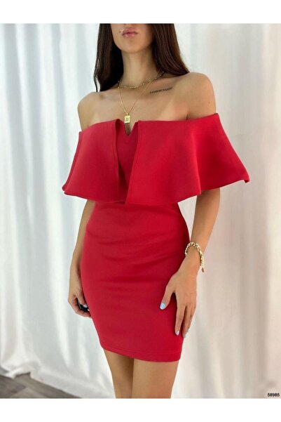Modafeminen Off-Shoulder Mini Scuba Dress 58985 Red