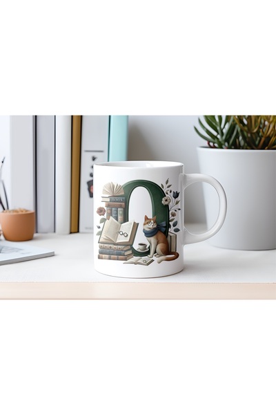 Beramussa O Letter Mug with Cat and Books Figures - Special for Book and Cat ...
