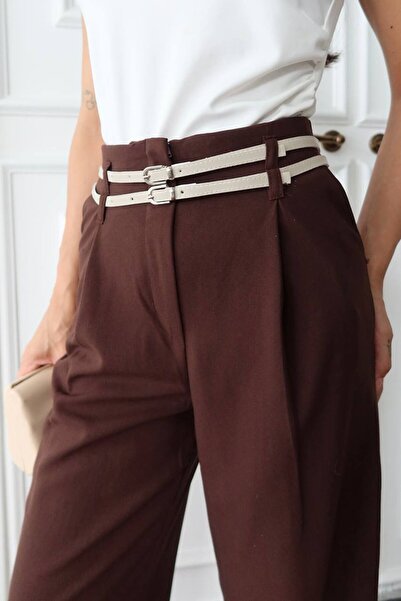 VAGGON Kadın Kahverengi Çift Kemerli Palazzo Pantolon Vs01377